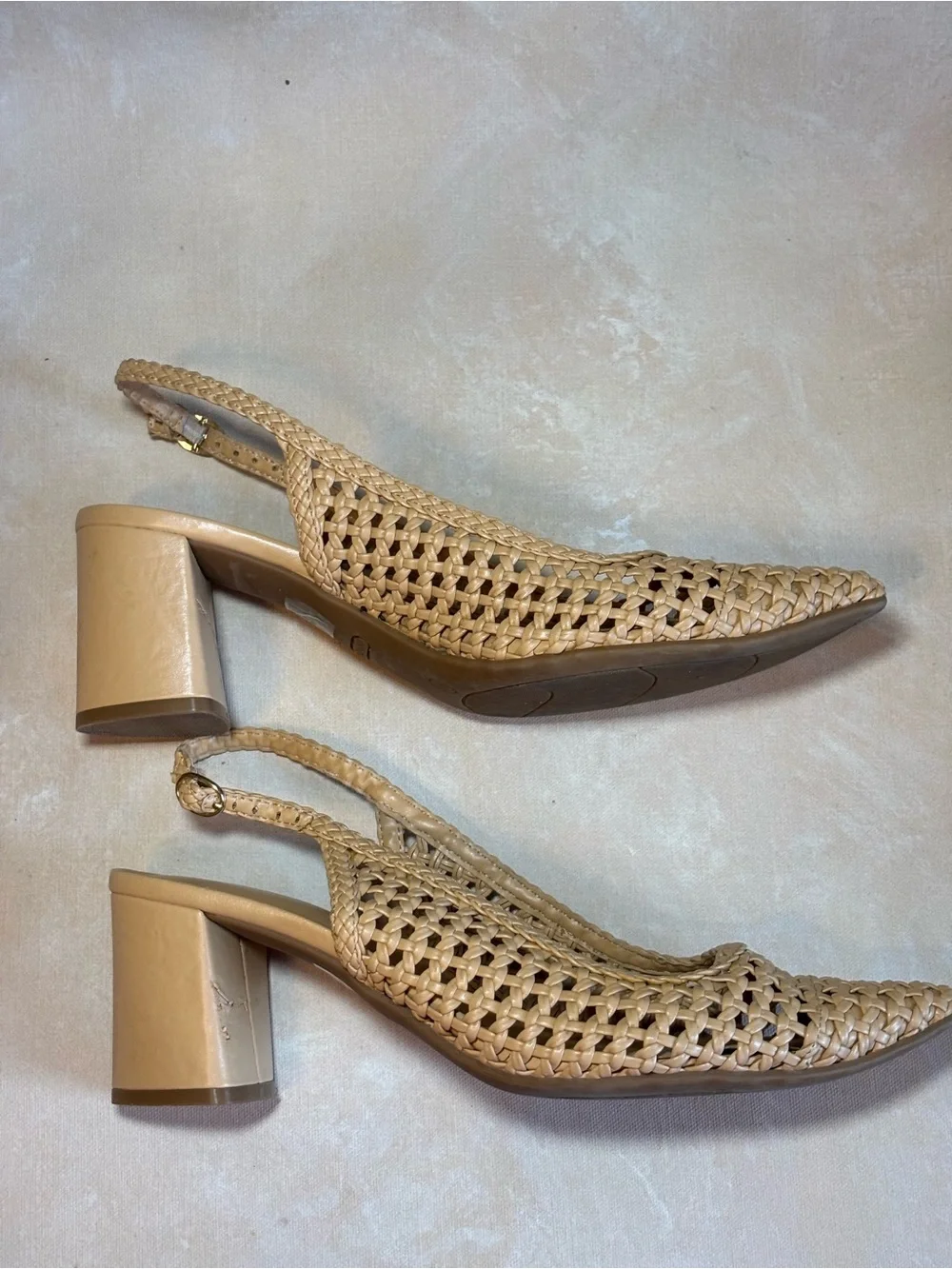 Nine West Women's Tan Nude Bamboo Woven Slingback Pumps, size 9.5